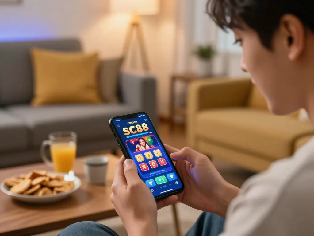 Player enjoying SC88 on smartphone in a cozy home setup, showcasing online gaming experience