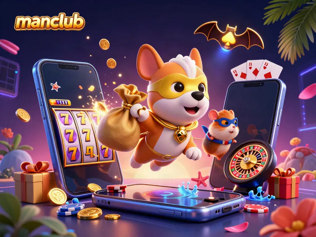 Experience thrilling wins with manclub's vibrant 3D superhero dog and slot game elements.