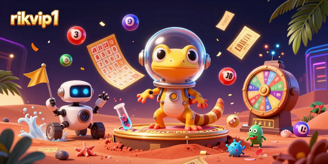 Engage with the excitement of rikvip1 as a Martian gecko discovers a golden casino on Mars surrounded by vibrant casino elements.