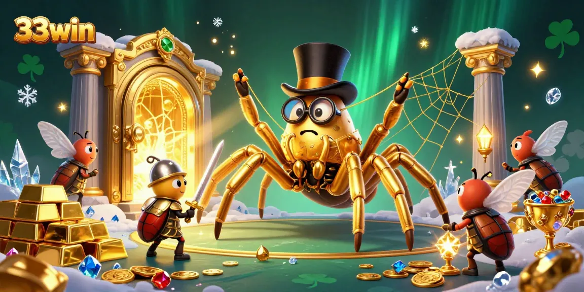 Engage in thrilling moments at 33win with a playful golden tarantula and beetle knight surrounded by riches.
