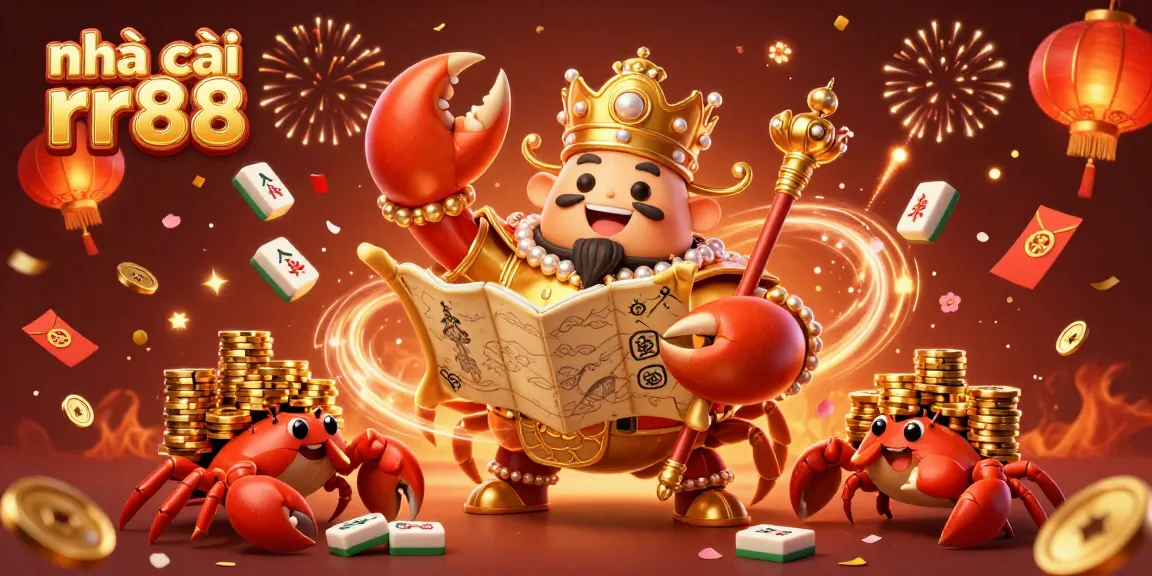 Experience the excitement at nhà cái rr88 with vibrant gaming elements and a majestic golden crab emperor overseeing the fun.