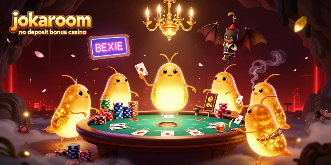 A vibrant scene from the jokaroom no deposit bonus casino with glowworms lighting a poker table