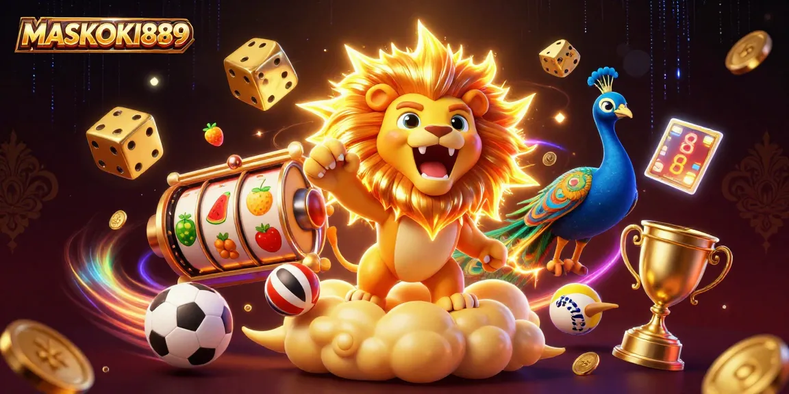 Experience the thrill of gaming at MASKOKI889 with dynamic elements of slots and sports in a vibrant 3D scene.