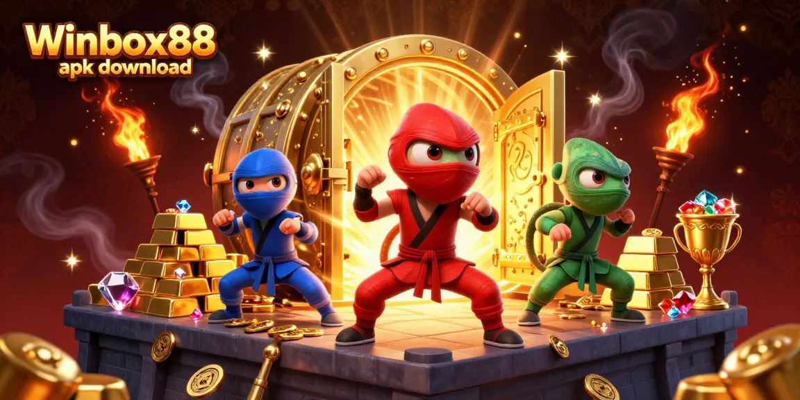Experience the thrill of gaming with Winbox88 apk download, featuring 3D cartoon chameleon ninjas amidst gold and gems.