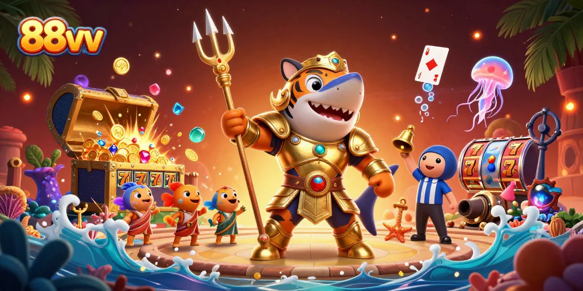 Experience thrilling action at 88vv with a vibrant underwater casino scene featuring a gladiator shark and exciting treasures.