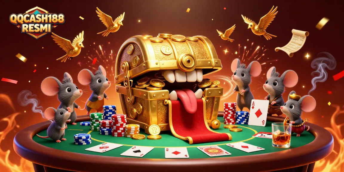 Engage with QQCASH188 RESMI gameplay featuring a treasure chest and poker elements, rich visuals.