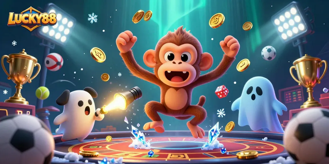 LUCKY88 showcases a dynamic gambling scene with golden coins and sports elements