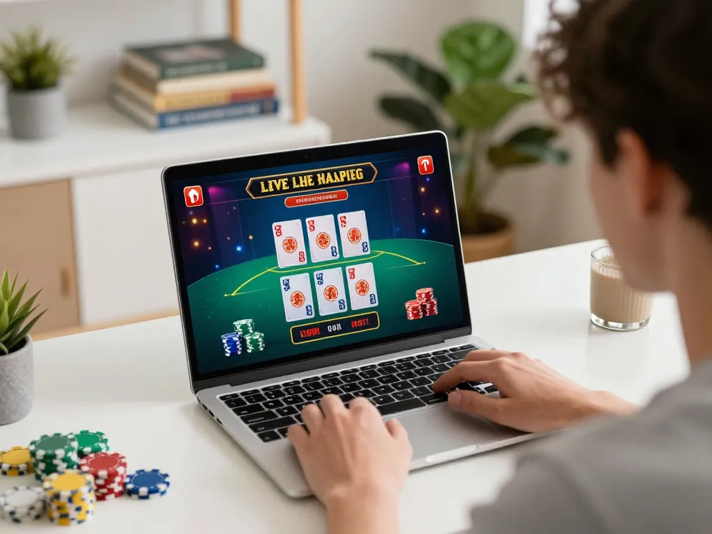 HELLO88 user experiencing live casino games on laptop, showcasing excitement of online gambling.