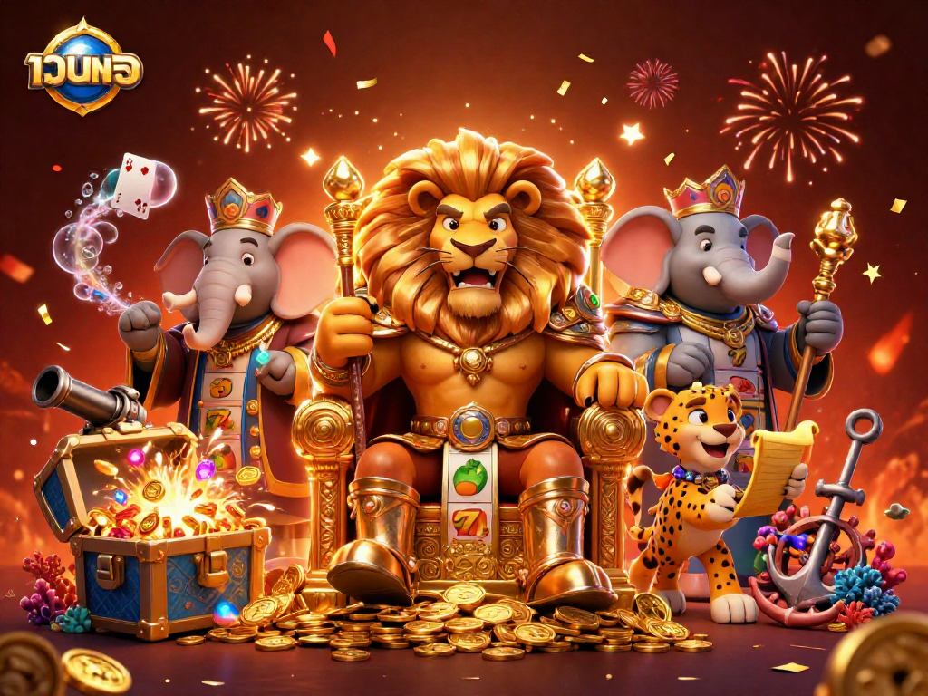 Engage in thrilling เว็บตรง gaming with a dynamic cartoon scene featuring a lion king, elephant advisor, and cheetah messenger amidst slot reels and treasures.