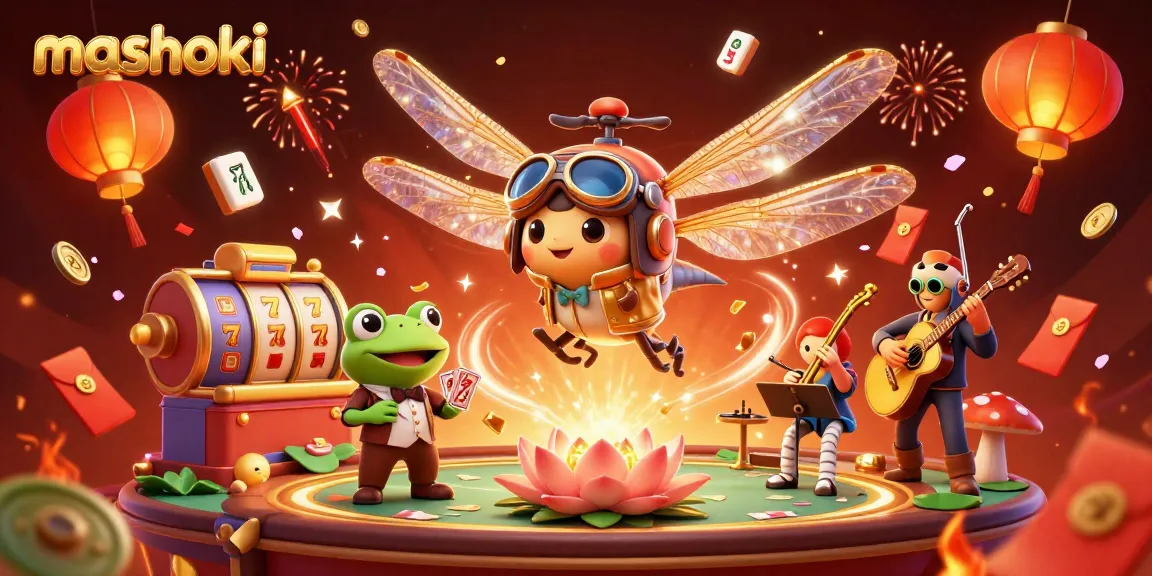 Experience the thrill of mashoki as a golden dragonfly pilot hovers over a vibrant casino scene.
