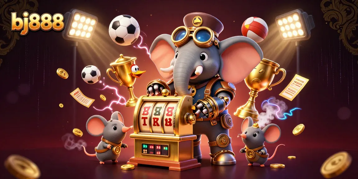 Engage in thrilling gameplay at bj888 with a 3D steampunk-themed illustration depicting an elephant engineer operating a slot machine.