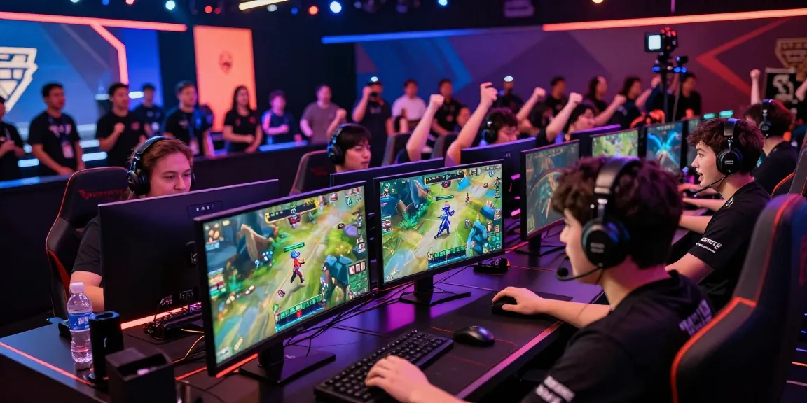 ผู้เล่นกำลังแข่งขันในสนามกีฬา esports ที่มีไฟ LED สว่างไสวและความตื่นเต้นในบรรยากาศของ playme8 saba